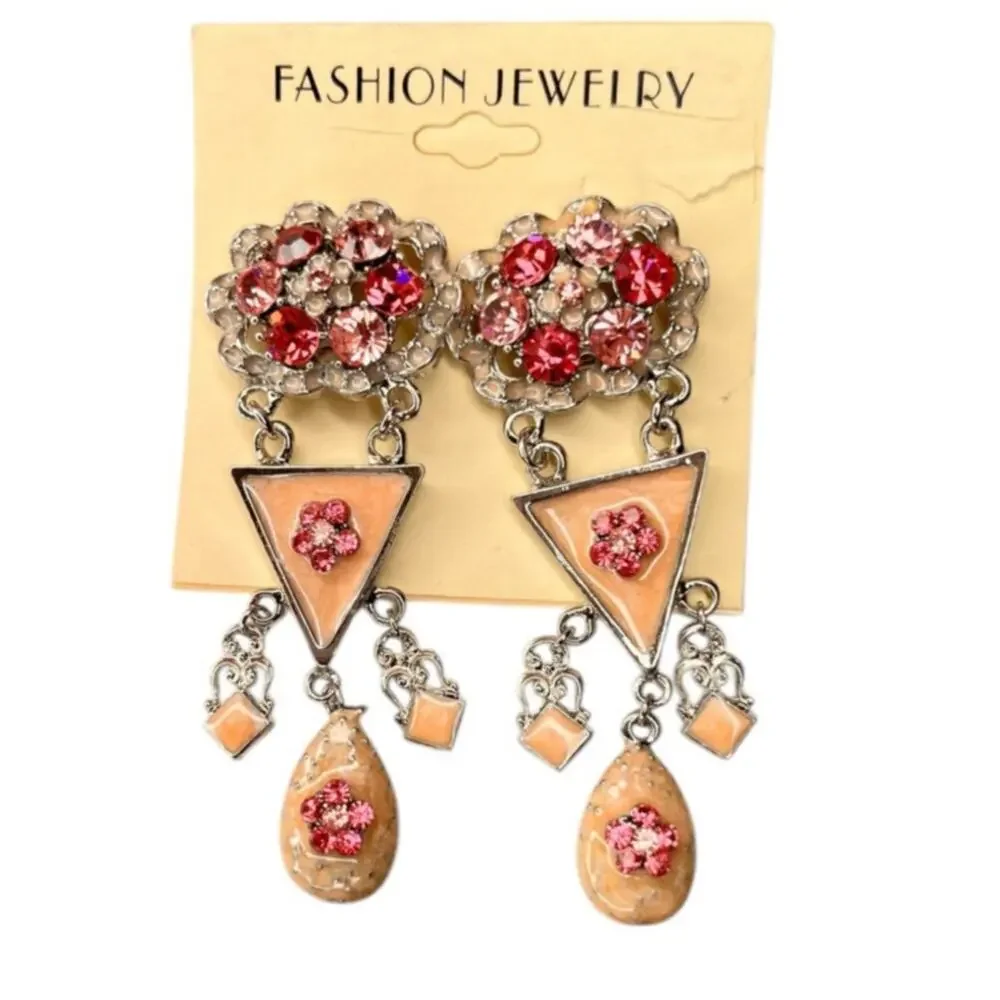 Ornate Art Deco Pink Rhinestones & Peach enamel Dangle Clip-On Earrings -New